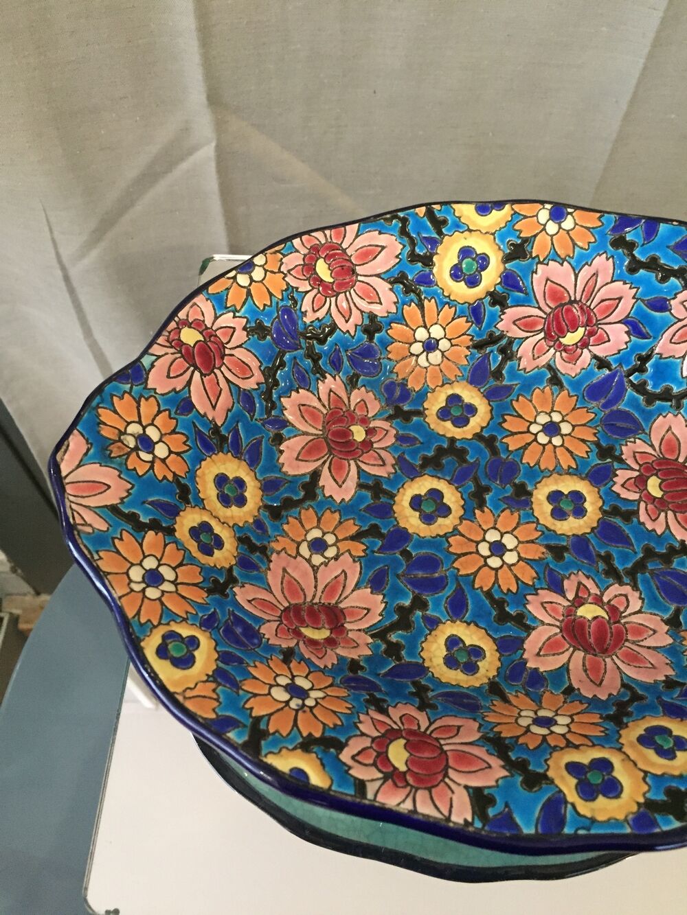 Oval fruit cup in Longwy enamels with floral decoration