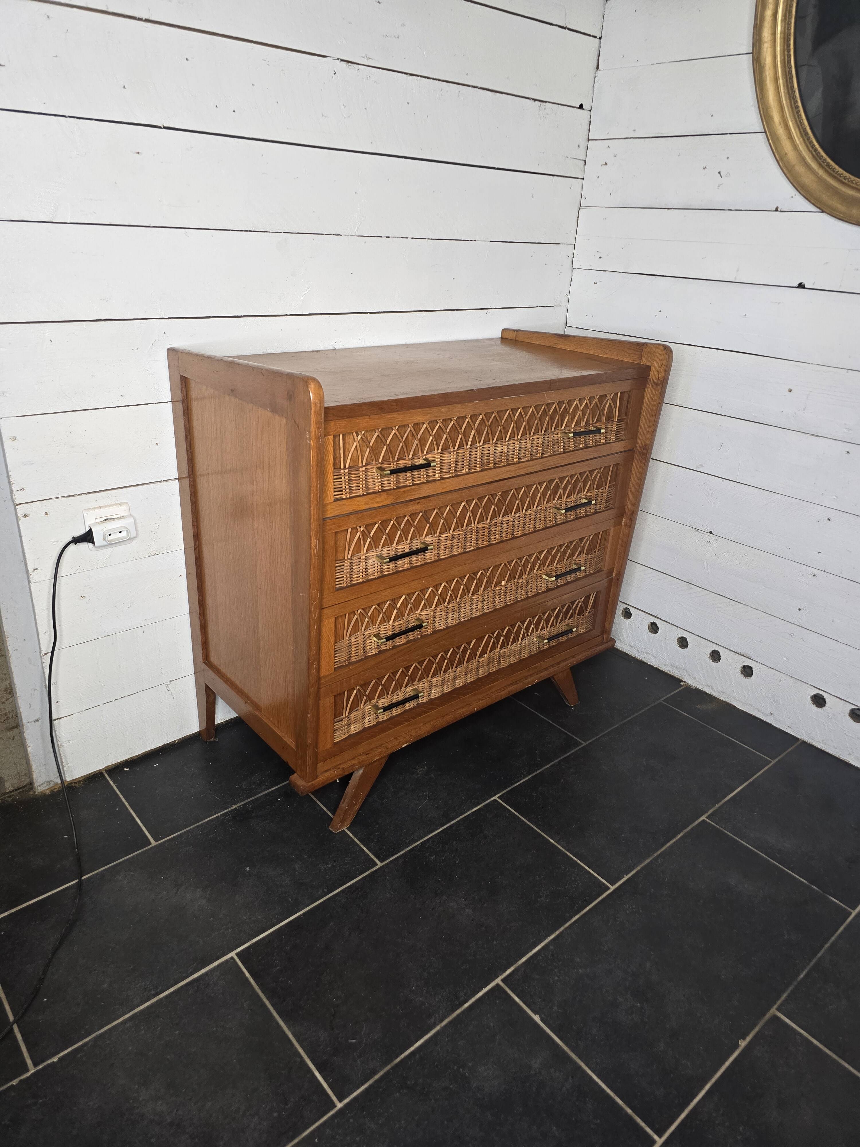 Commode en rotin et bois, années 60