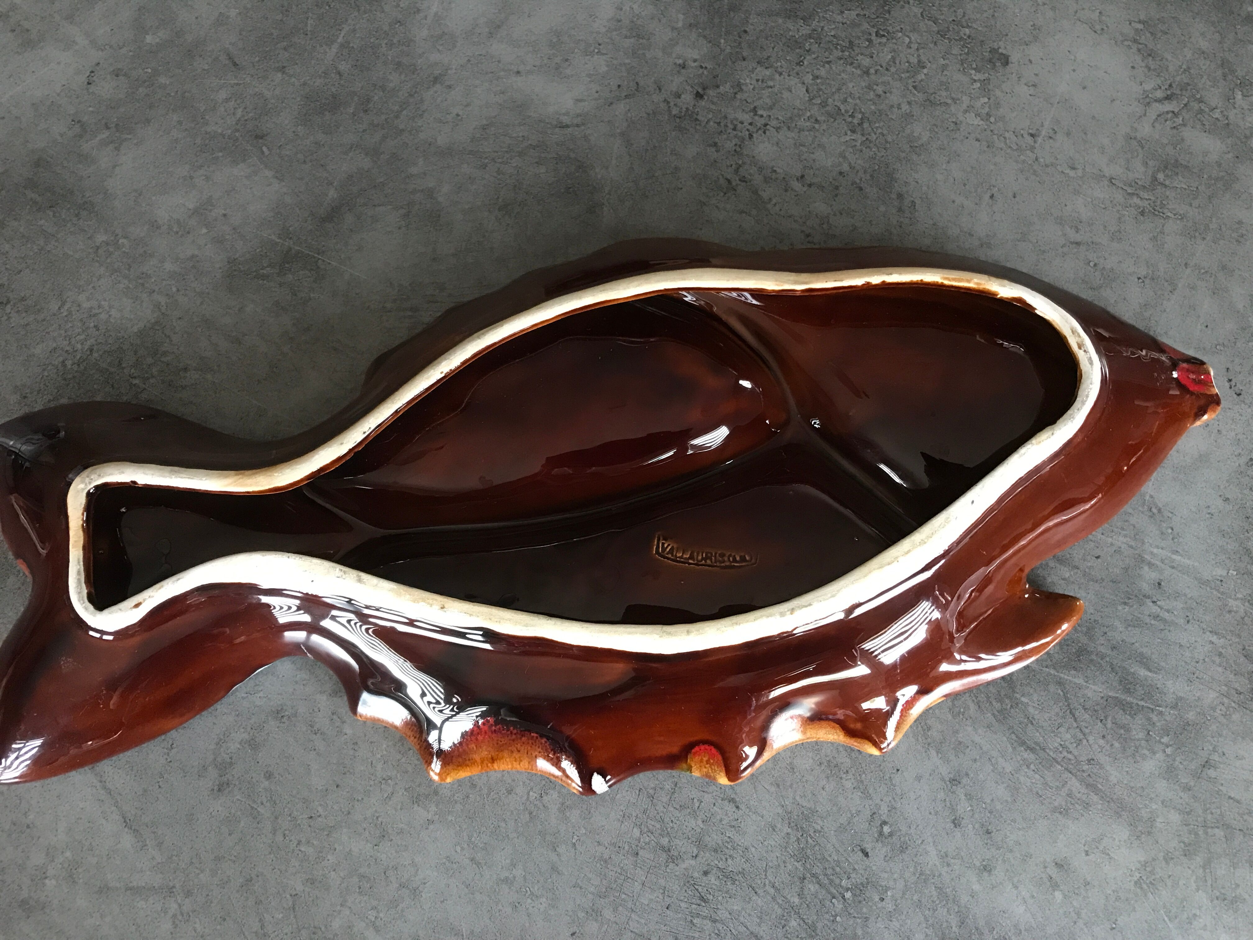 Vallauris compartmentalized dish fish shape polychrome ceramic 47 cm