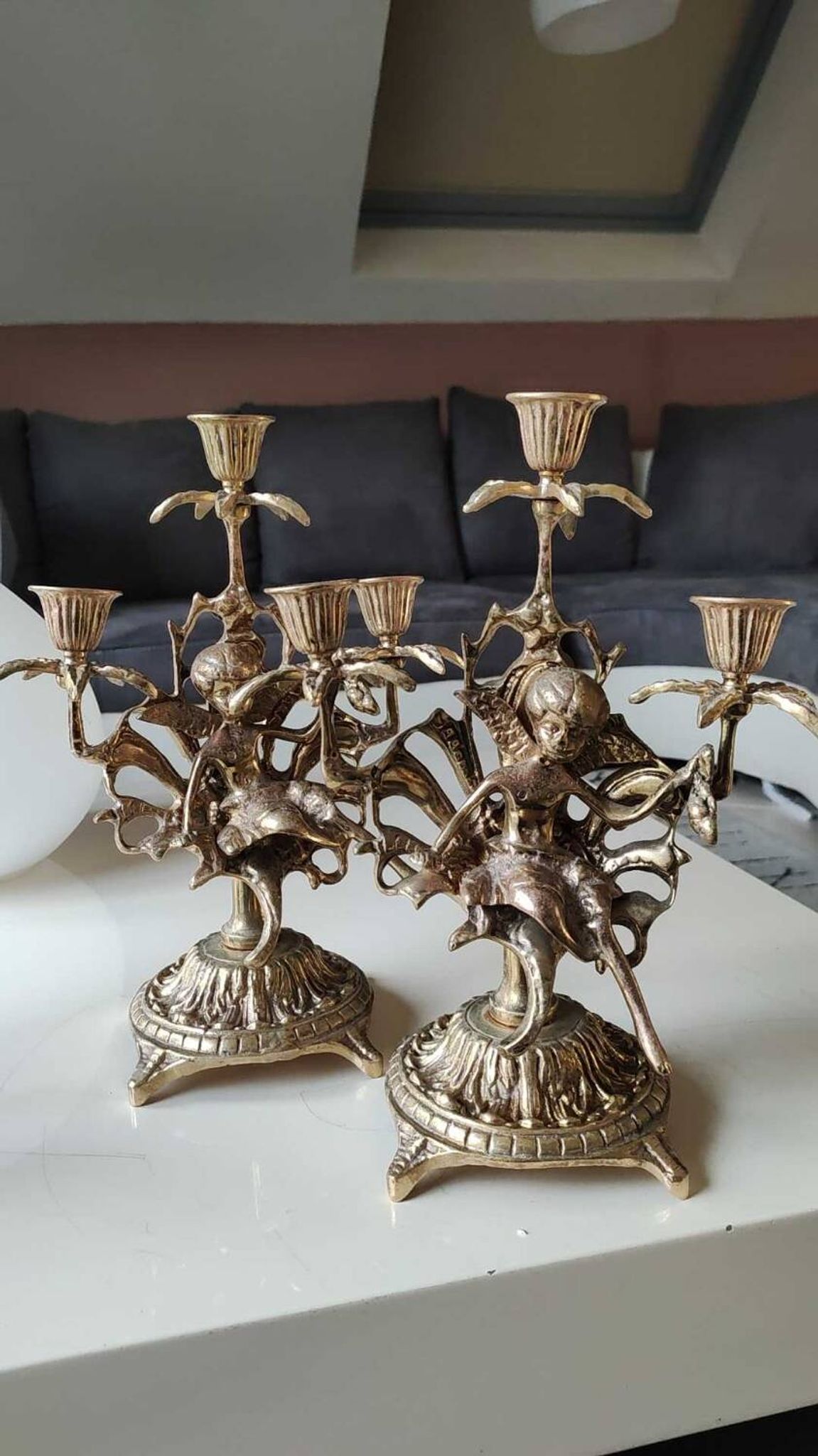 Pair of Antique 3-light candlesticks. Puttis/Cherubs. Bronze
