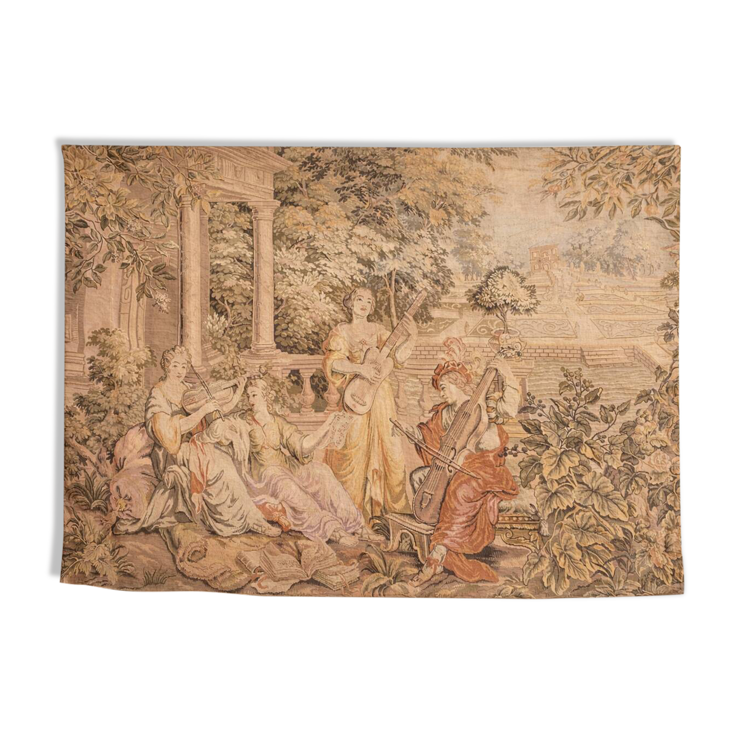 Large Aubusson-style wall tapestry with a musical scene.
