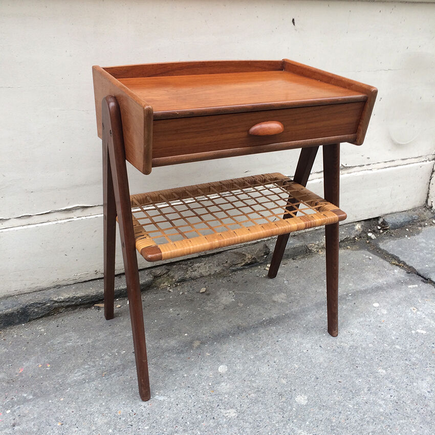 Chevet sellette bois et rotin 1950