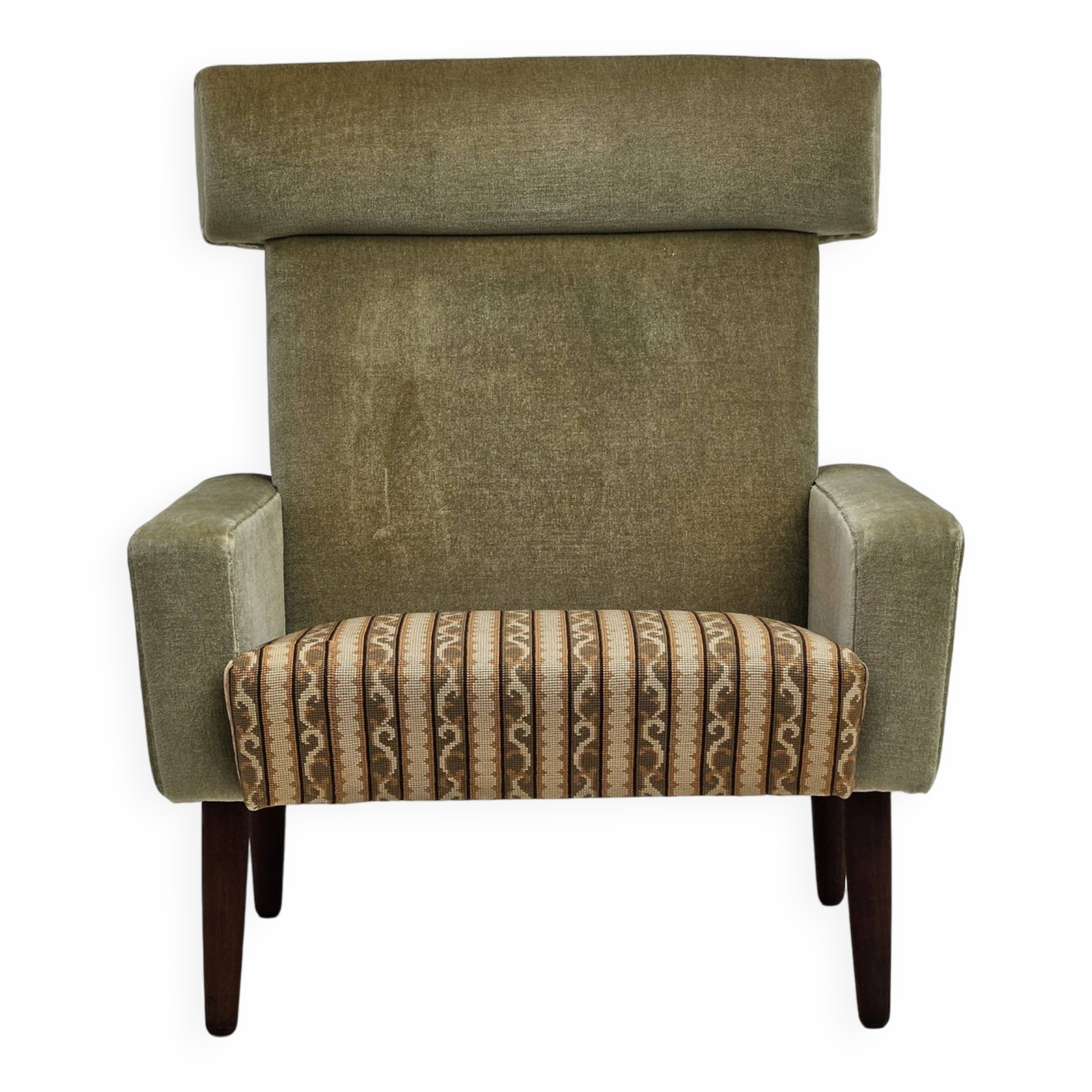 1970s, Danish armchair, original condition, furniture velour, woven wool fabric, teakwood.