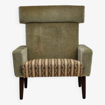 1970s, Danish armchair, original condition, furniture velour, woven wool fabric, teakwood.