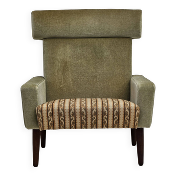 1970s, Danish armchair, original condition, furniture velour, woven wool fabric, teakwood.