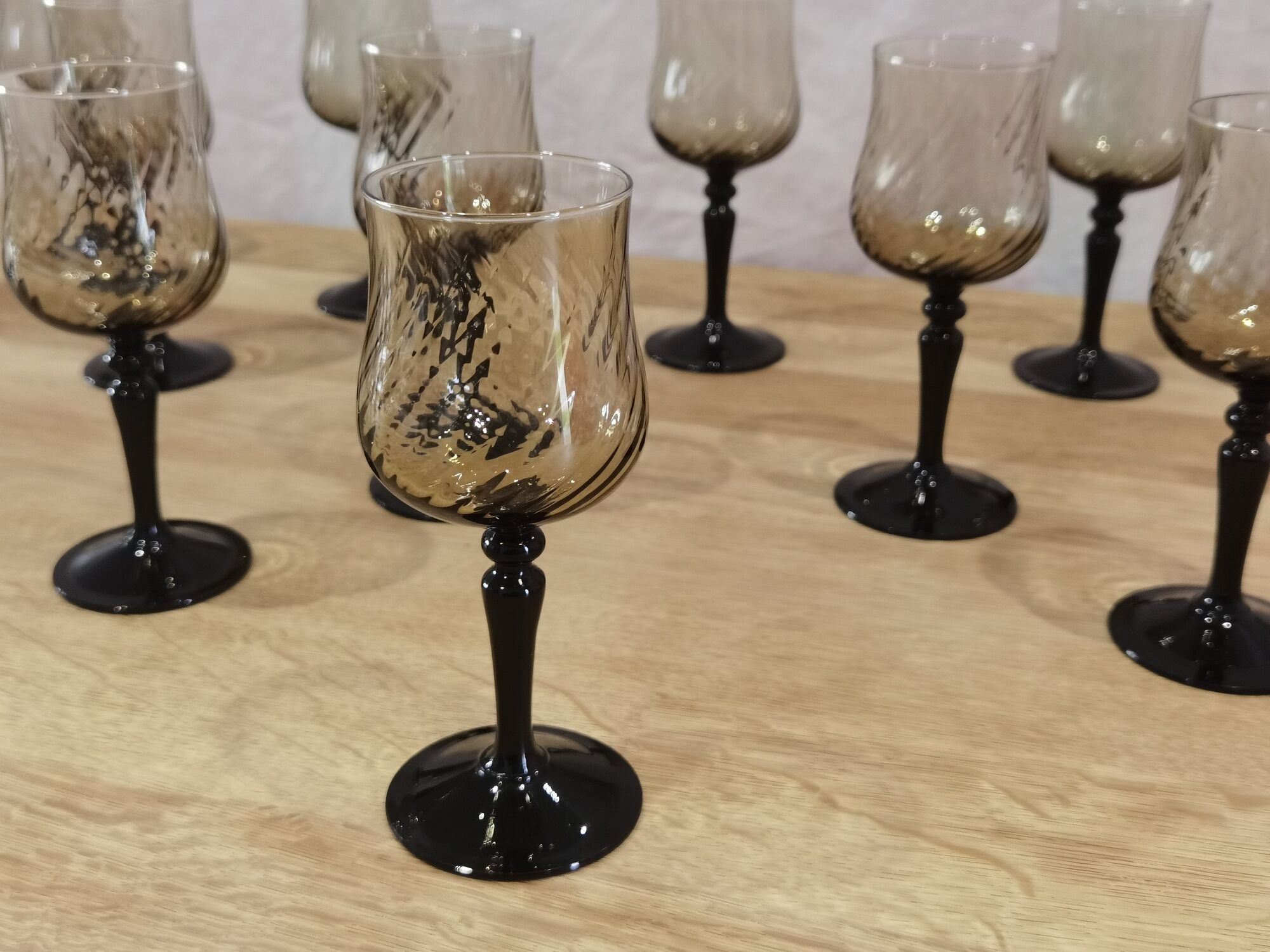 11 vintage black foot smoked twisted water glasses