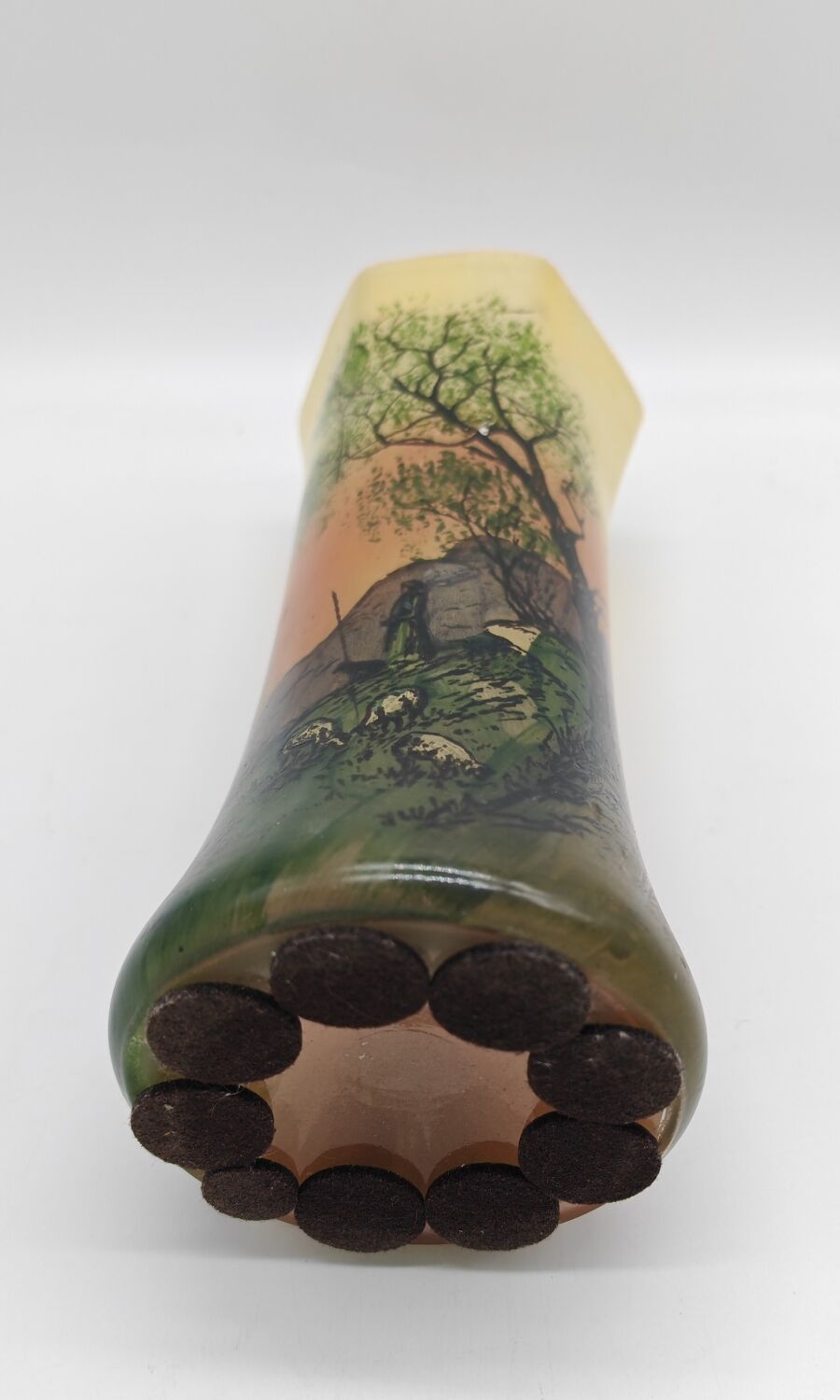 Large enameled glass vase in the style of Legras decor of the shepherd and his sheep