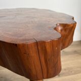 Brutalist coffee table, elm slice, tripod, 1960s