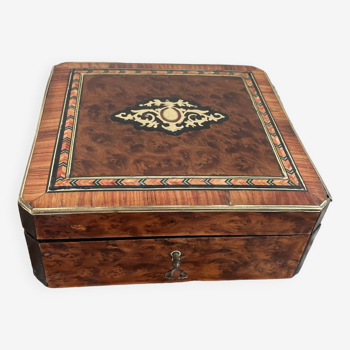 Antique, Napoleon III box, precious wood, brass, green silk interior, rosewood, oak, key