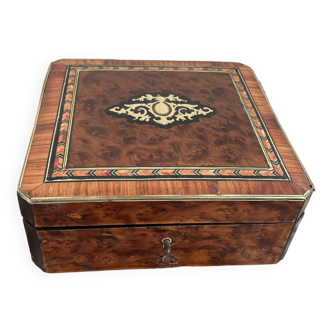 Antique, Napoleon III box, precious wood, brass, green silk interior, rosewood, oak, key