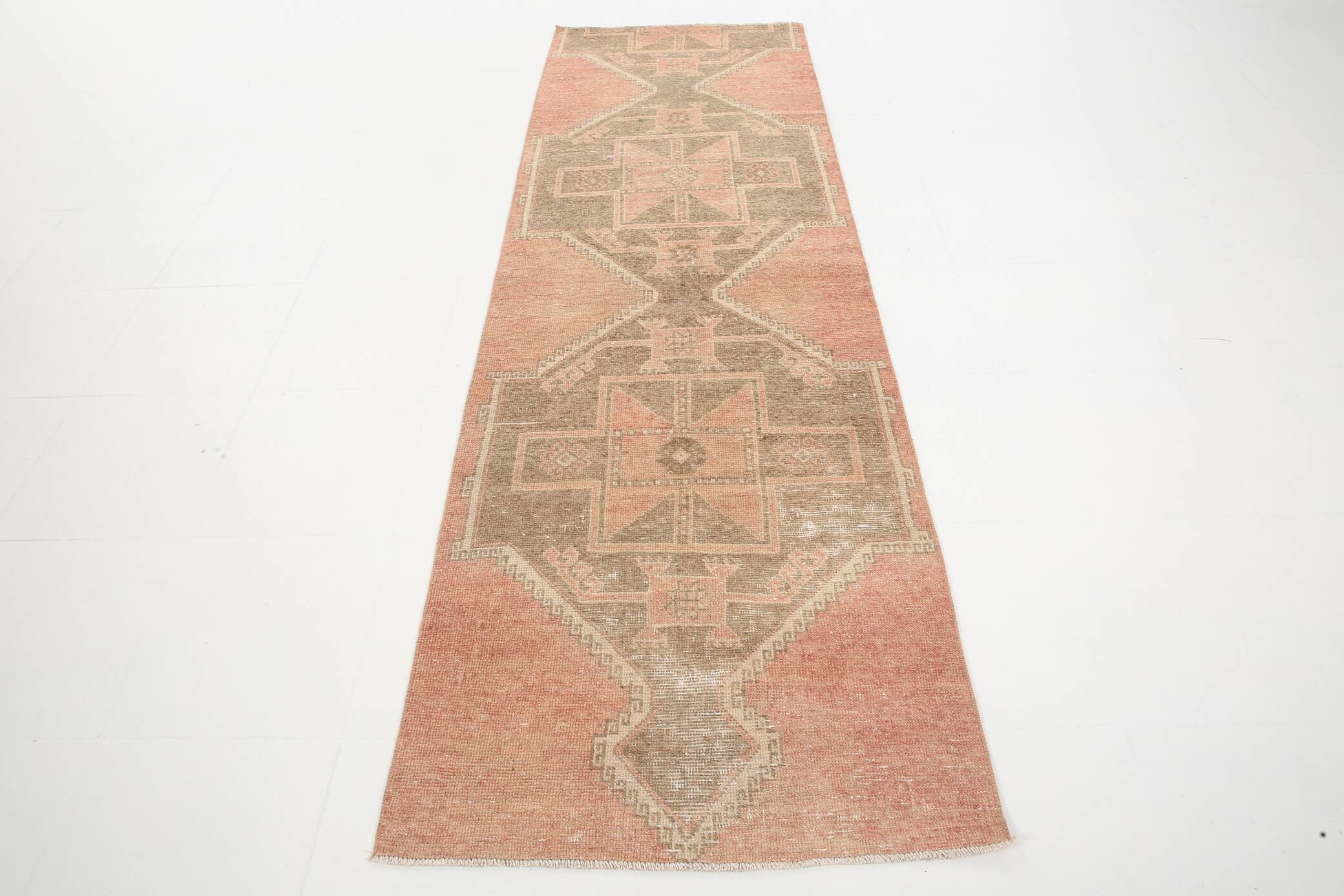 3x9 Vintage Pale Red & Brown Aesthetic Turkish Runner Rug, 91x291Cm