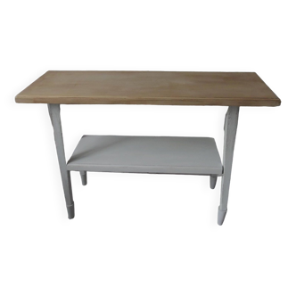 Vintage console with pearl gray patina, medium oak waxed top.