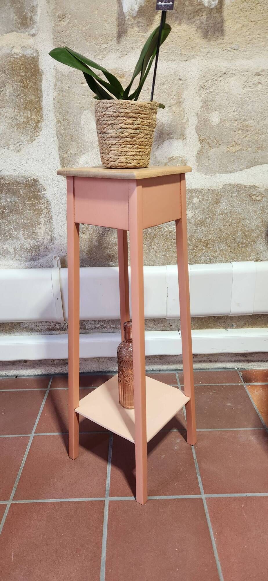Sellette porte-plante bois et terracotta 2 niveaux