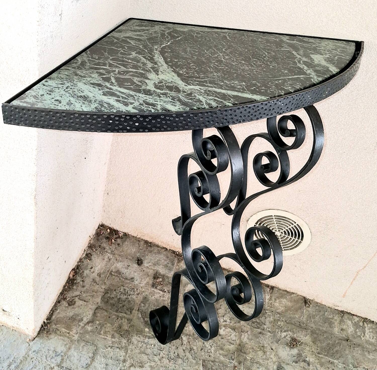 Console d'angle encoignure, fer forgé et marbre, déco vintage
