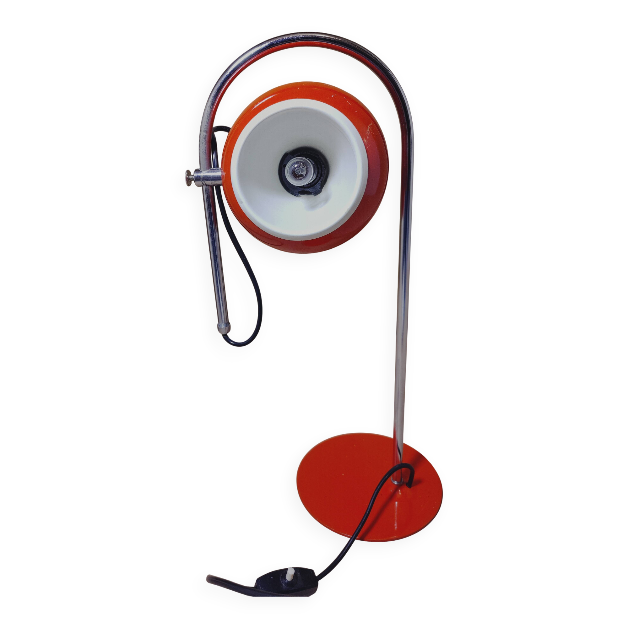 Eyeball space age orange desk or bedside lamp on an arc base