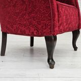 1950s, pair of two Danish lounge chairs, red cotton/wool fabric, beech wood.