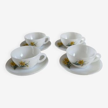 Set of four Arcopal cups with daffodil decoration