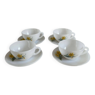 Set of four Arcopal cups with daffodil decoration