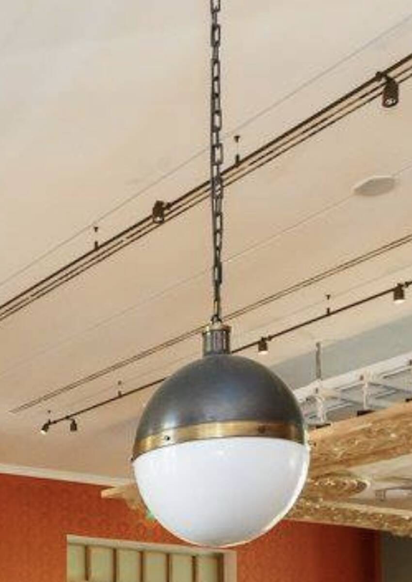 Large Hicks bronze and glass ball pendant light, USA