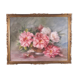 Bouquet of Pink and White Peony Flowers Watercolor XX th signed A. ROUXEL