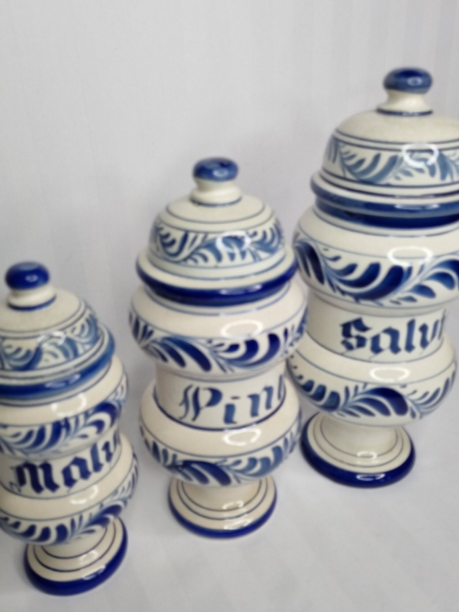 Set of three covered apothecary pots, Malva, Pinus, Salvia in glazed ceramic