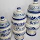 Set of three covered apothecary pots, Malva, Pinus, Salvia in glazed ceramic