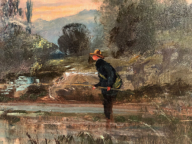 Oil on canvas, "Riverside at sunrise" signed J.Bain