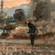 Oil on canvas, "Riverside at sunrise" signed J.Bain