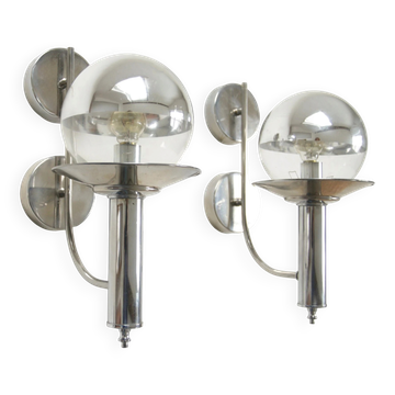 Pair of European mid-century chrome wall sconces with mirrored globe shades