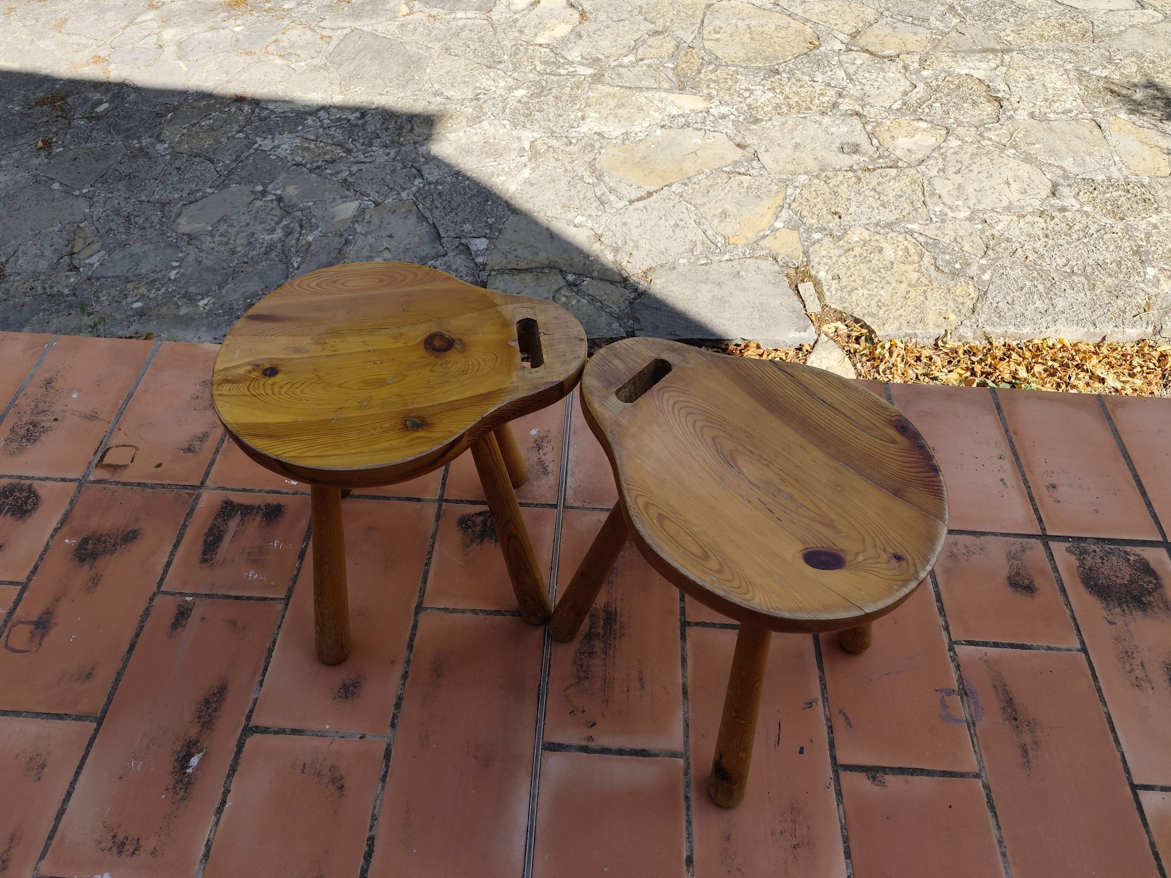 Pair of vintage 1960s solid pine ovoid Scandinavian stools