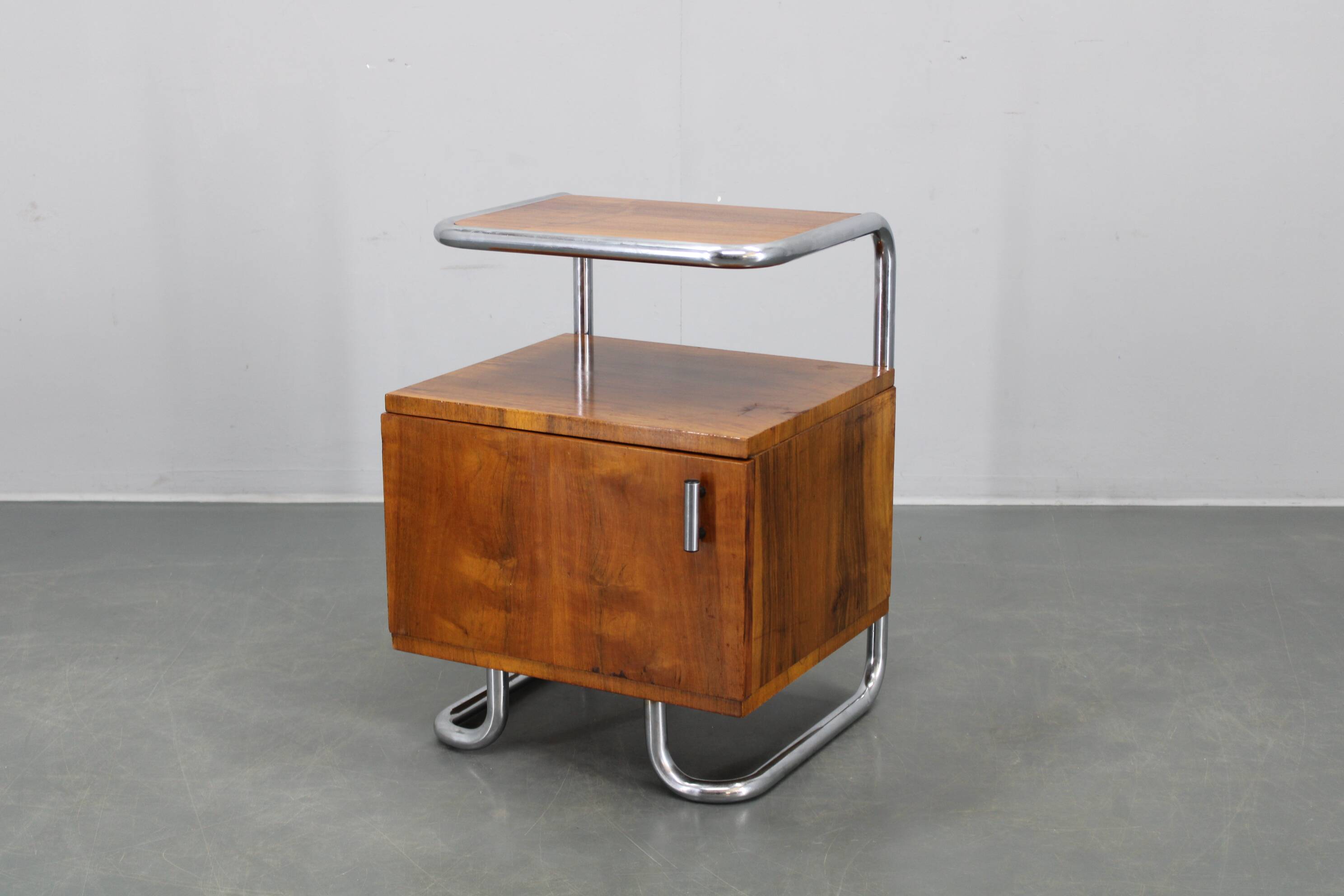 Restored Bauhaus chrome and walnut nightstand, Czechoslovakia 1940s