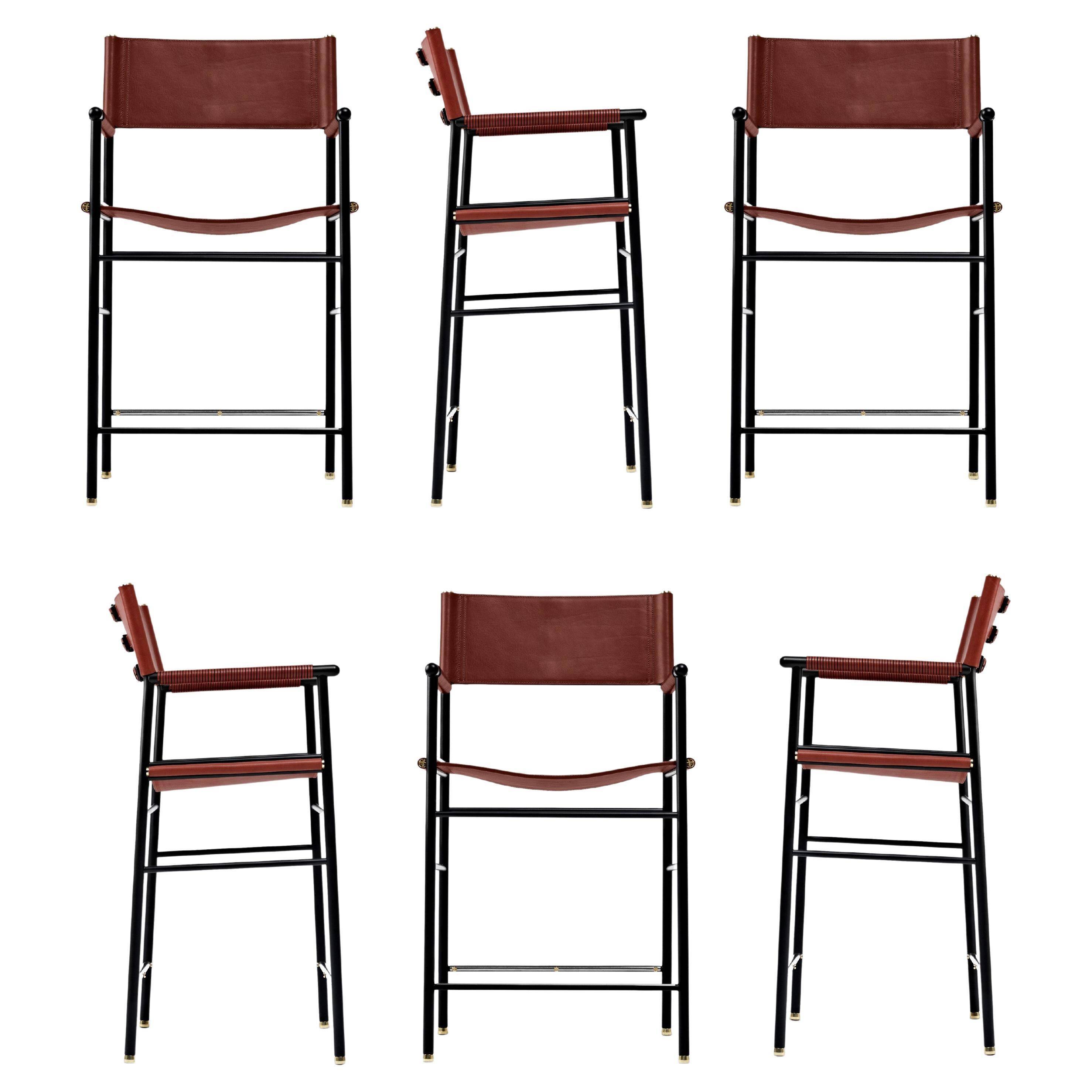 Set of 6 bar stools with backrest in cognac leather and black rubber metal.