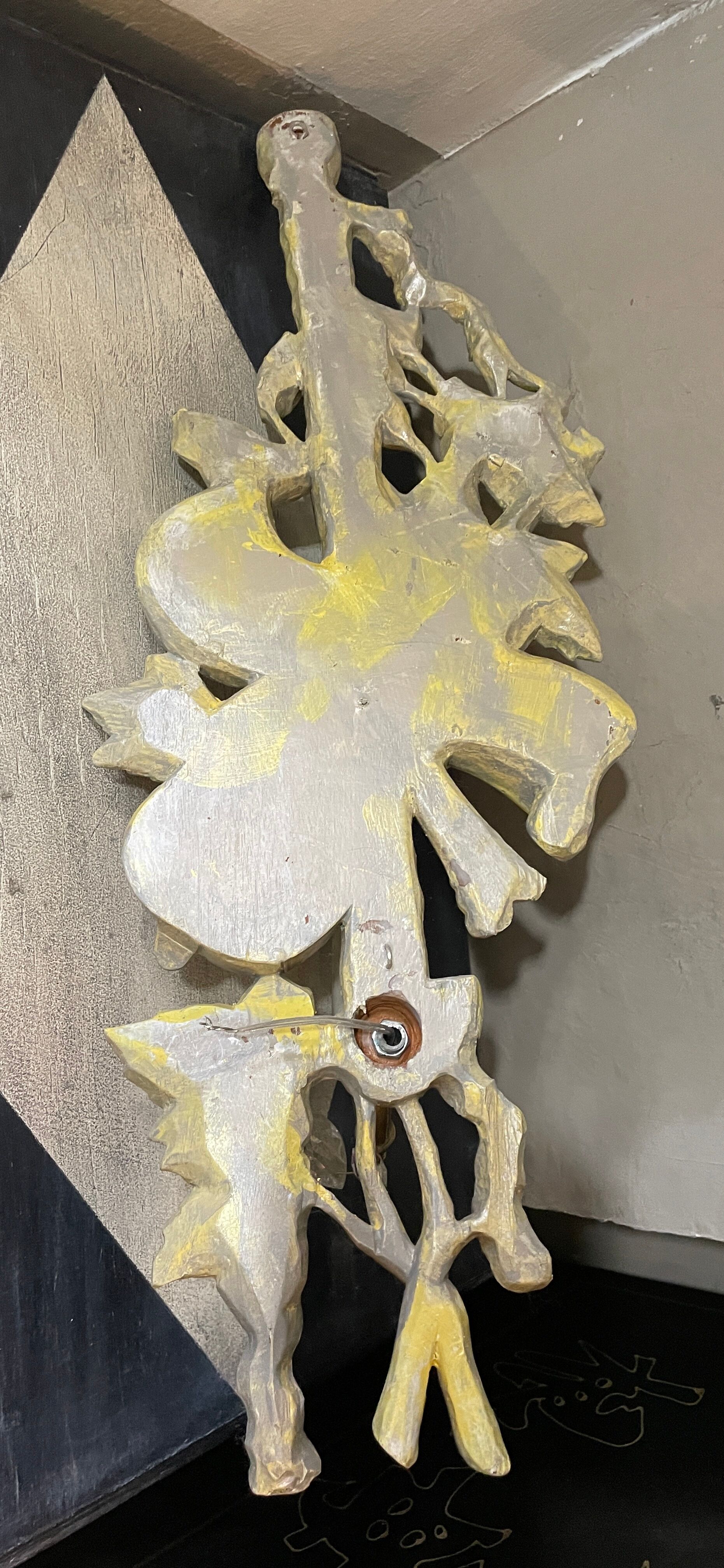 Walnut wood wall lamps, painted in yellow patina grey