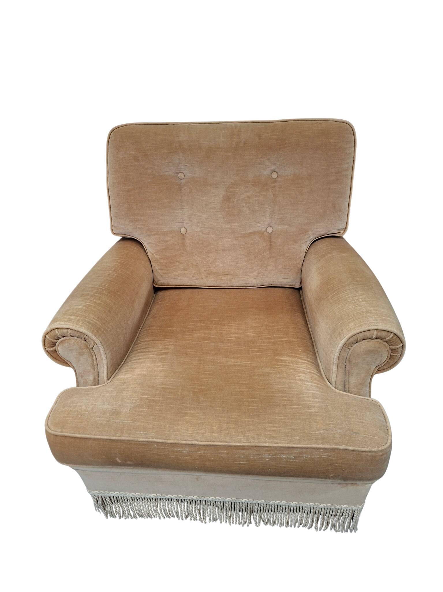 Set salotto in ciniglia degli anni ’70 con frangia decorativa