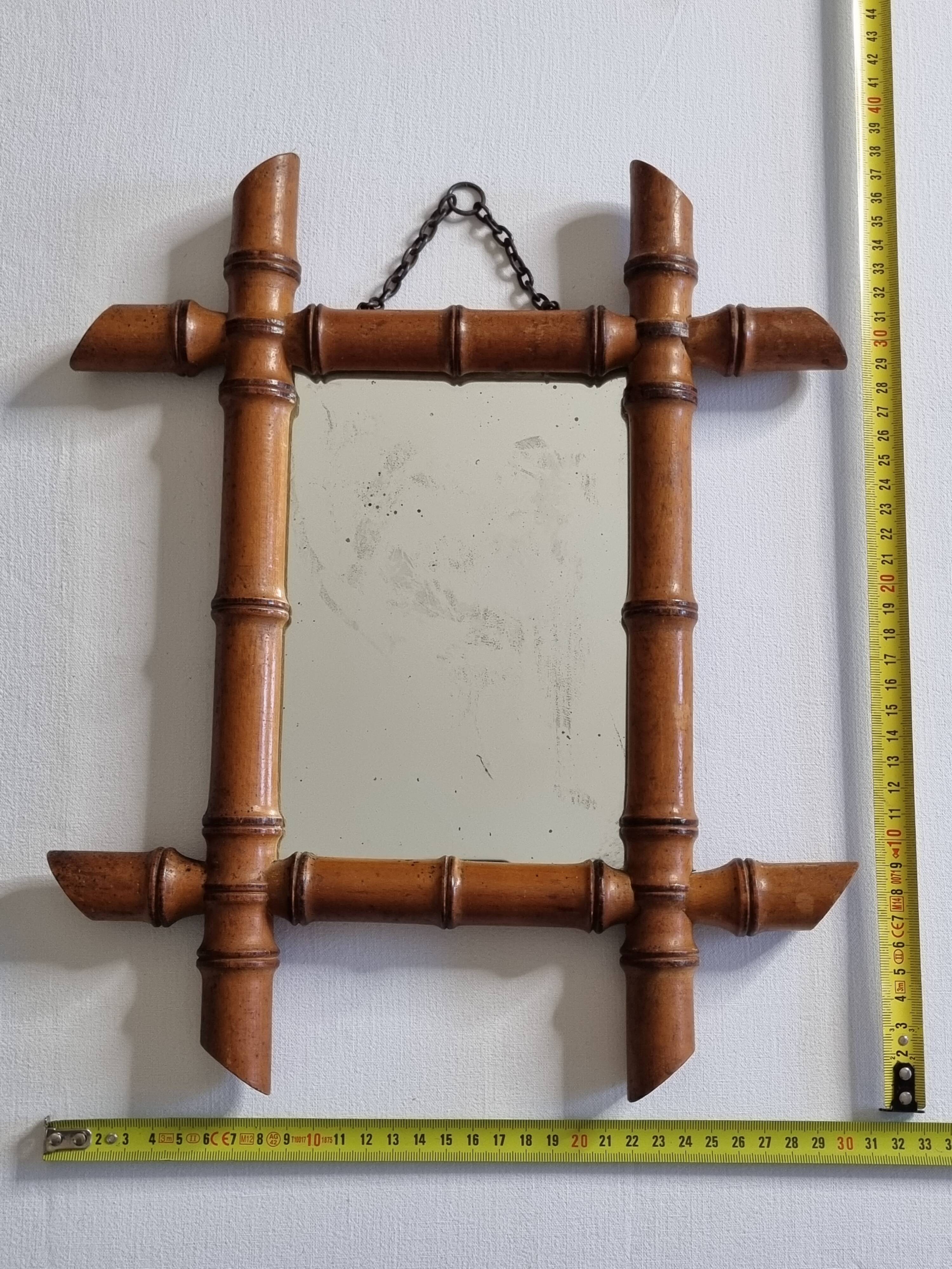 Antique turned wood mirror in bamboo style, late 19th century, 38 x 31 cm