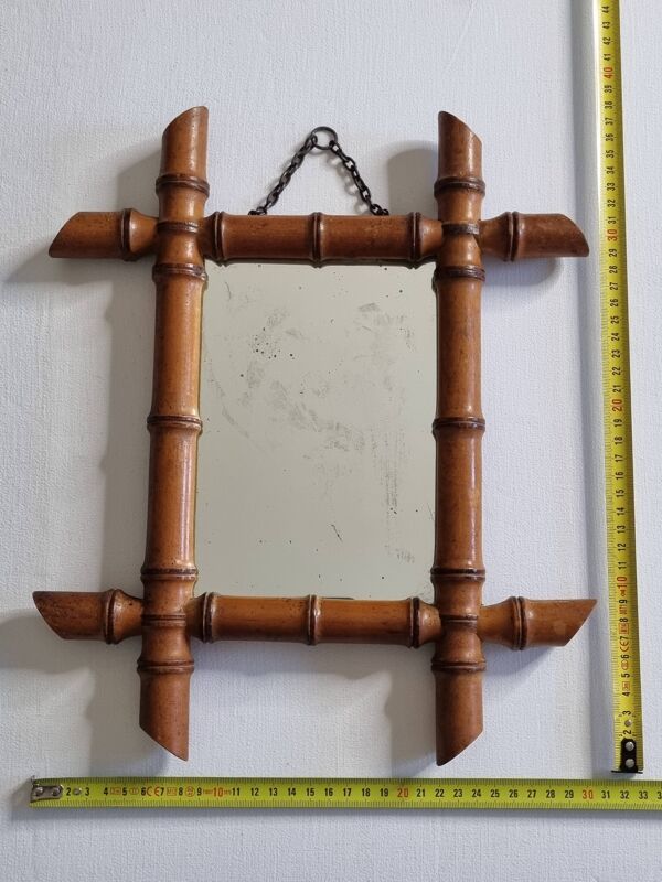 Miroir ancien en bois tourné style bambou, fin XIXe siècle, 38 x 31 cm