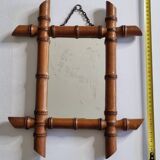 Miroir ancien en bois tourné style bambou, fin XIXe siècle, 38 x 31 cm