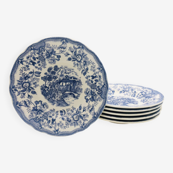 6 Assiettes creuses vintages bleues « Motifs toile de Jouy »