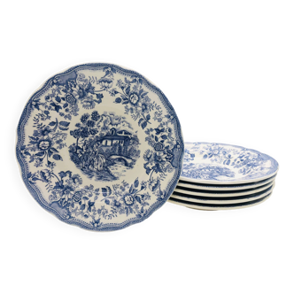 6 Assiettes creuses vintages bleues « Motifs toile de Jouy »