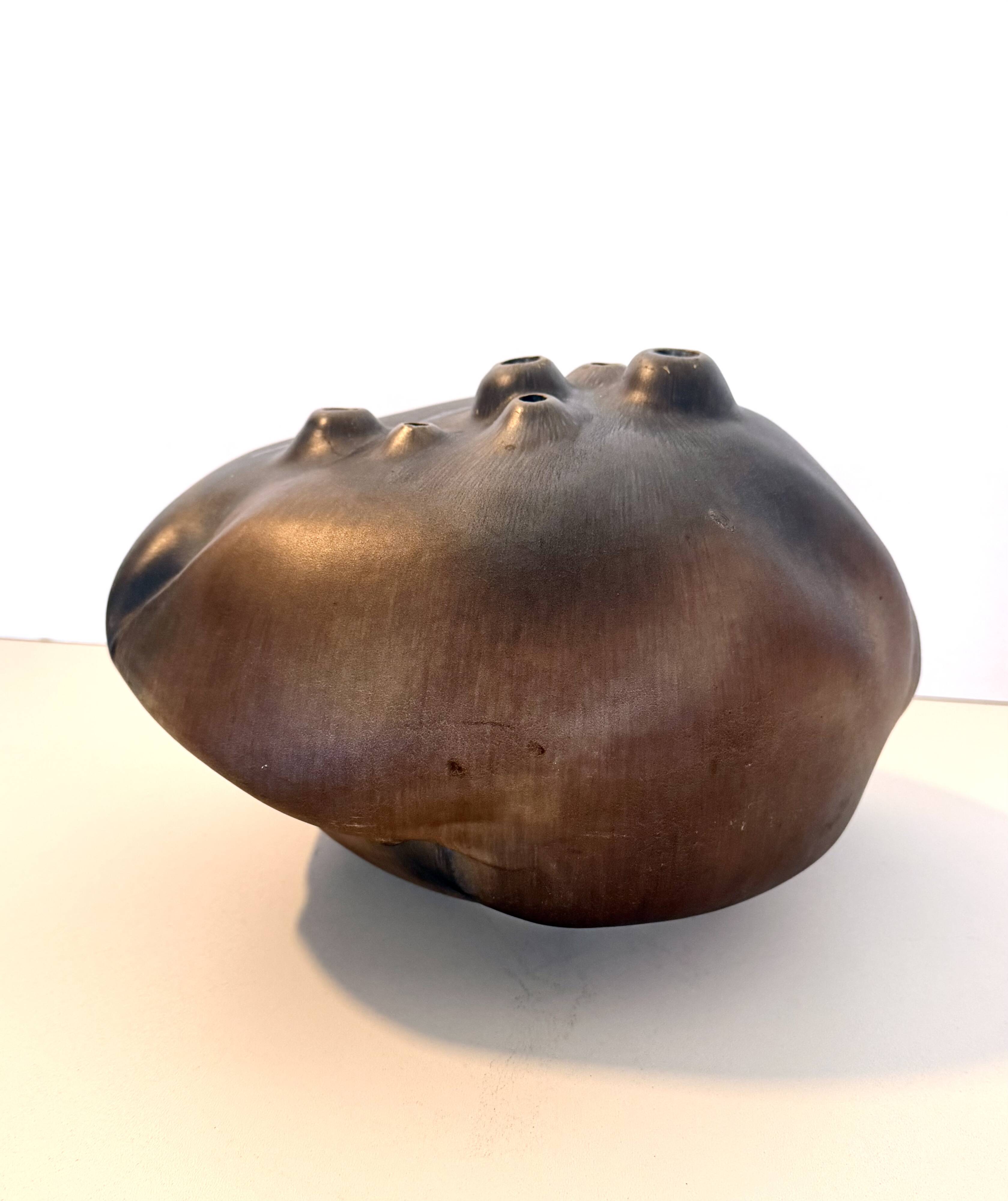 Brown Lacquered Ceramic Tulip Vase / Centerpiece by Giacomo Onestini