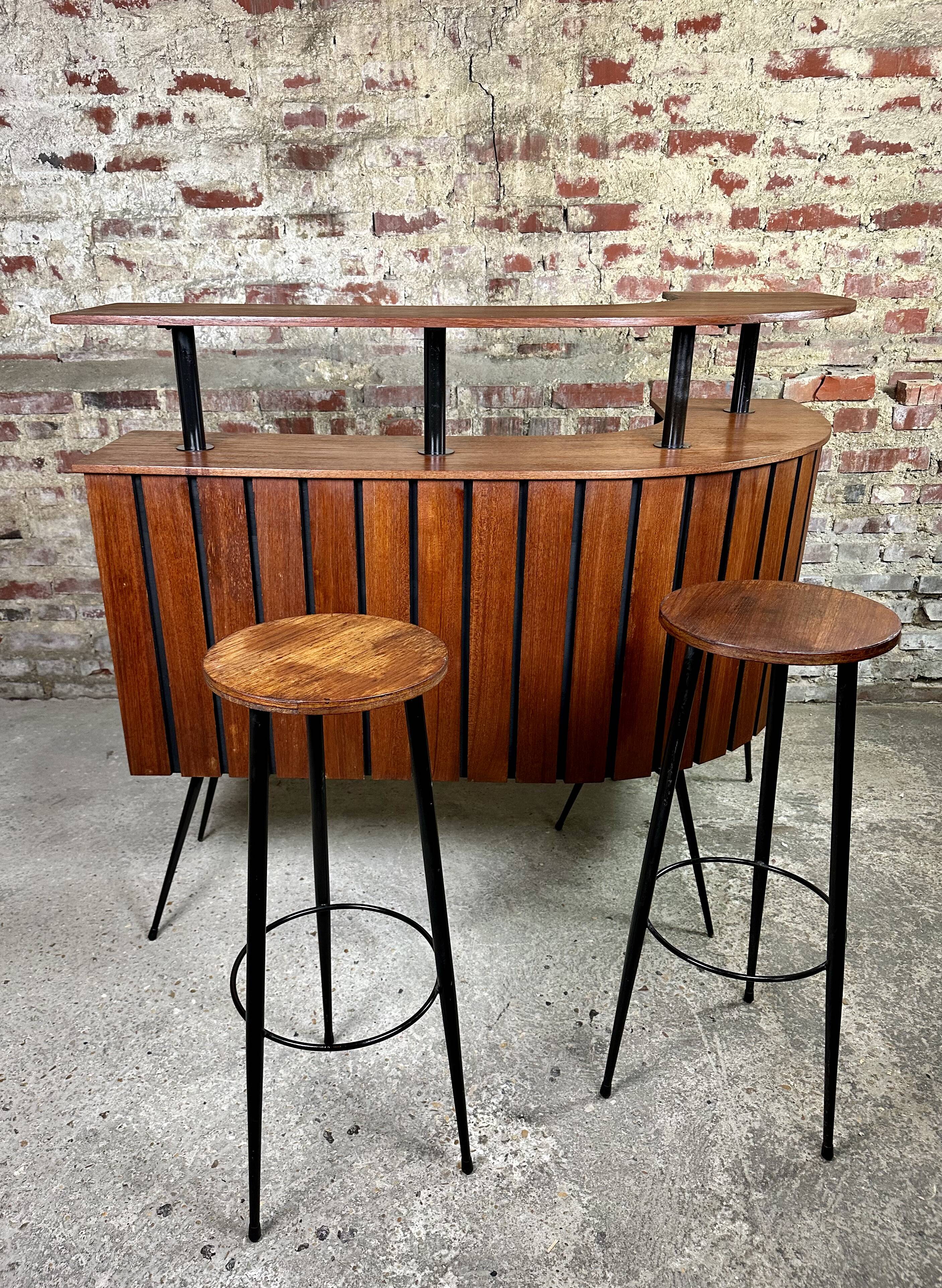 Cocktail bar in teak and metal and its 2 vintage stools 1950'S