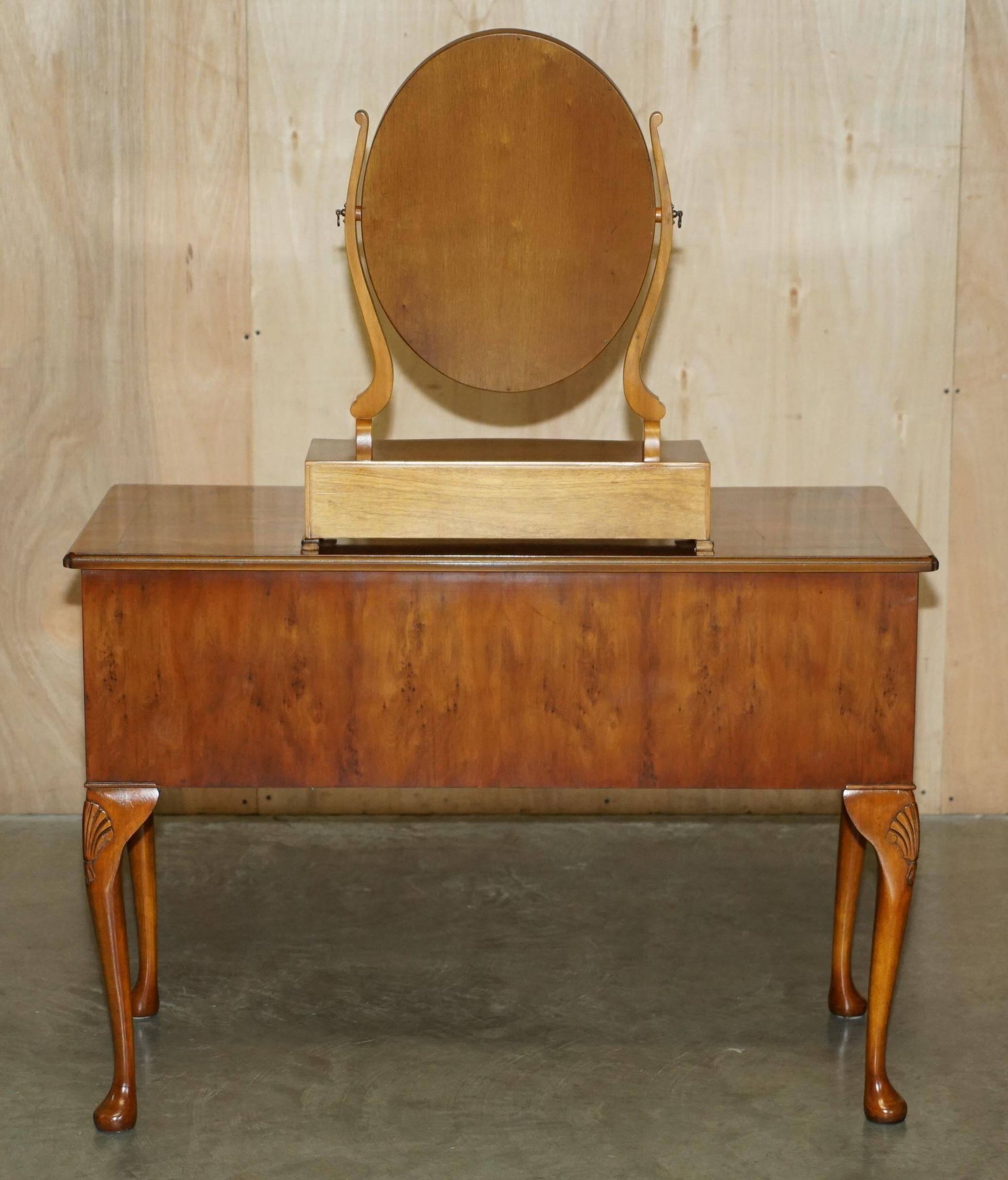 Vintage English walnut burr dressing table with mirror and chair.