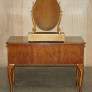 Vintage English walnut burr dressing table with mirror and chair.