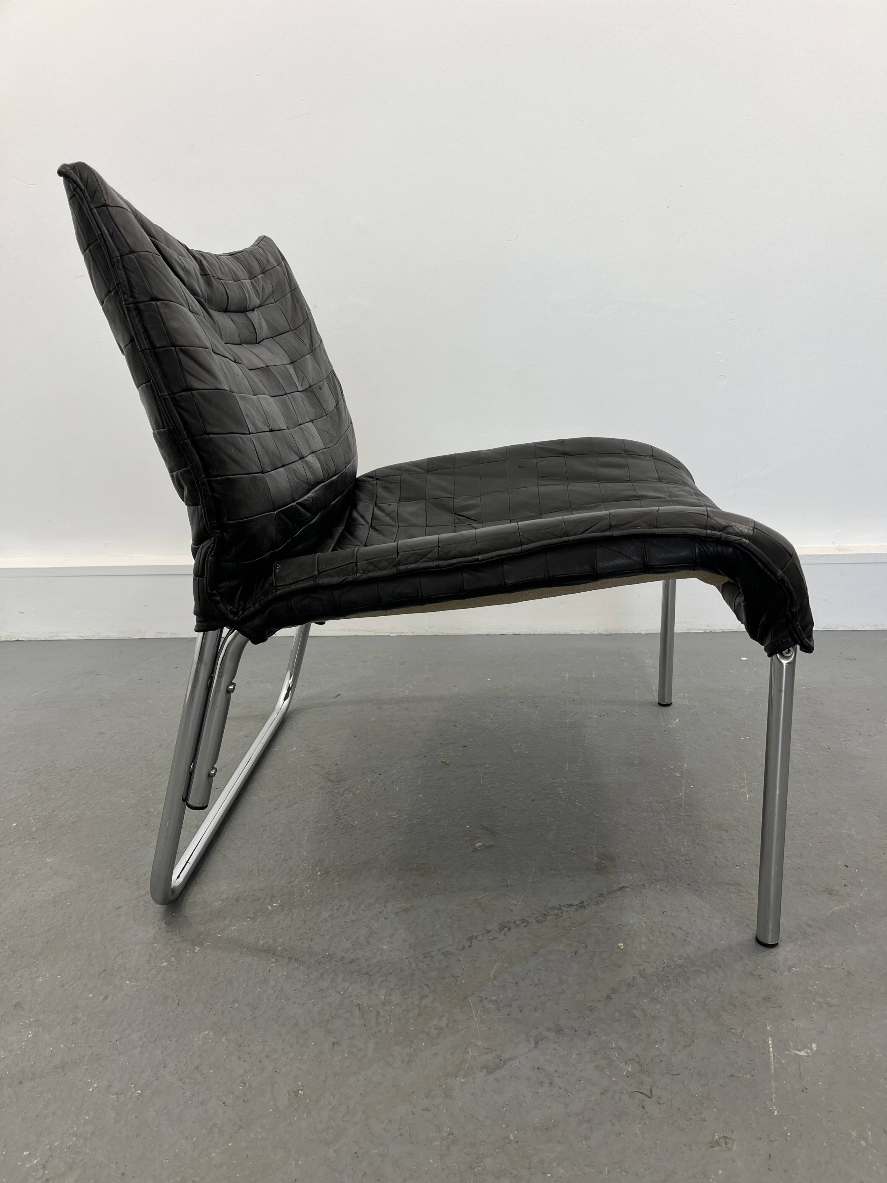 Vintage Mid-Century Scandinavian Modern Black Patchwork Leather Lounge Chair SET From IKEA, 1980s