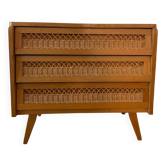 Vintage 3-drawer chest of drawers with rattan drawers 1950