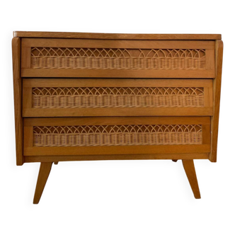 Vintage 3-drawer chest of drawers with rattan drawers 1950