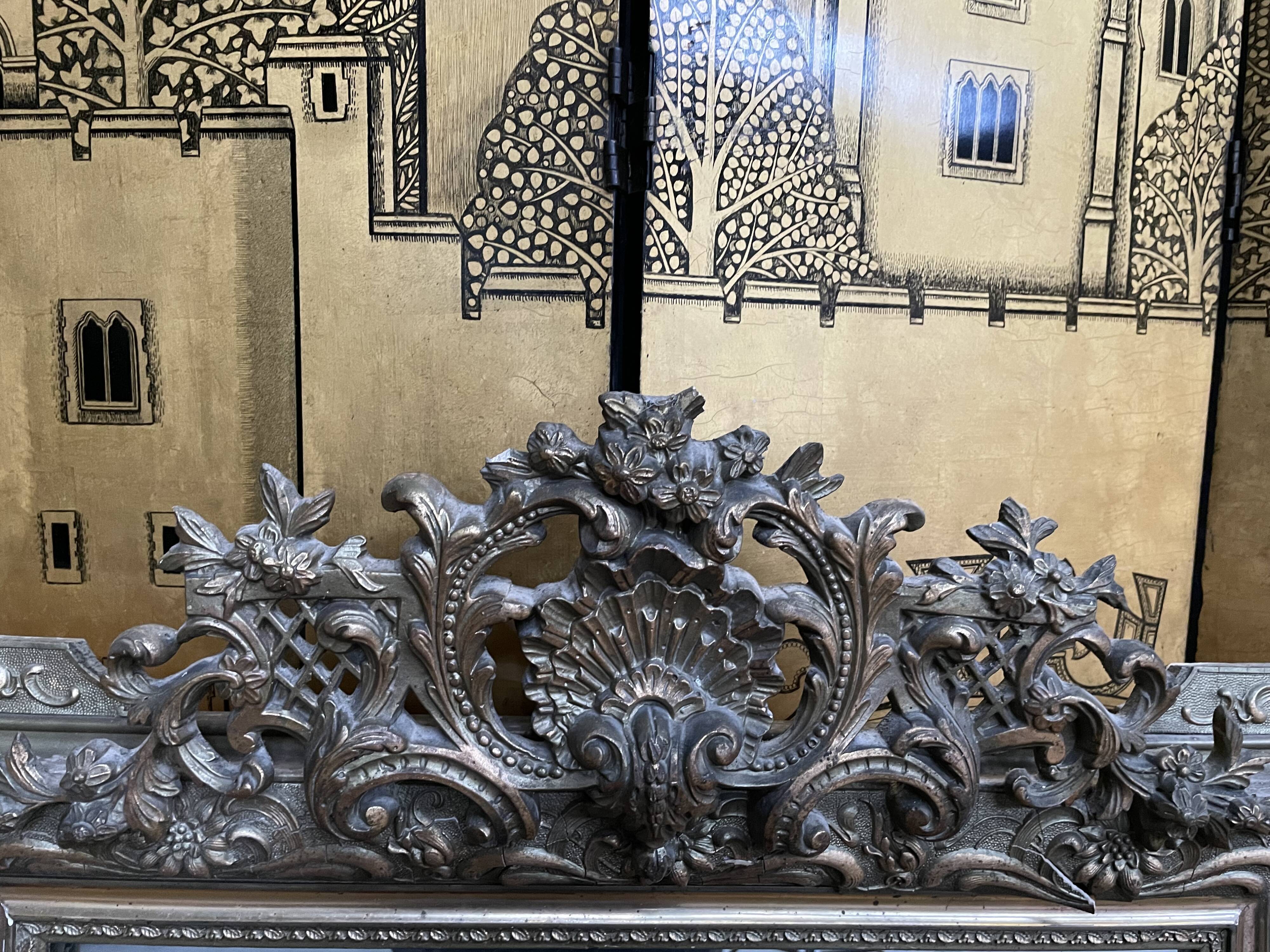 Napoleon iii pediment mirror in gilded stucco and green patina