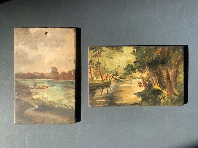 Pair of small old bucolic paintings, gouaches on wood, mid-twentieth, France