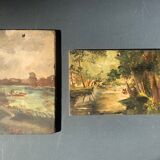 Pair of small old bucolic paintings, gouaches on wood, mid-twentieth, France