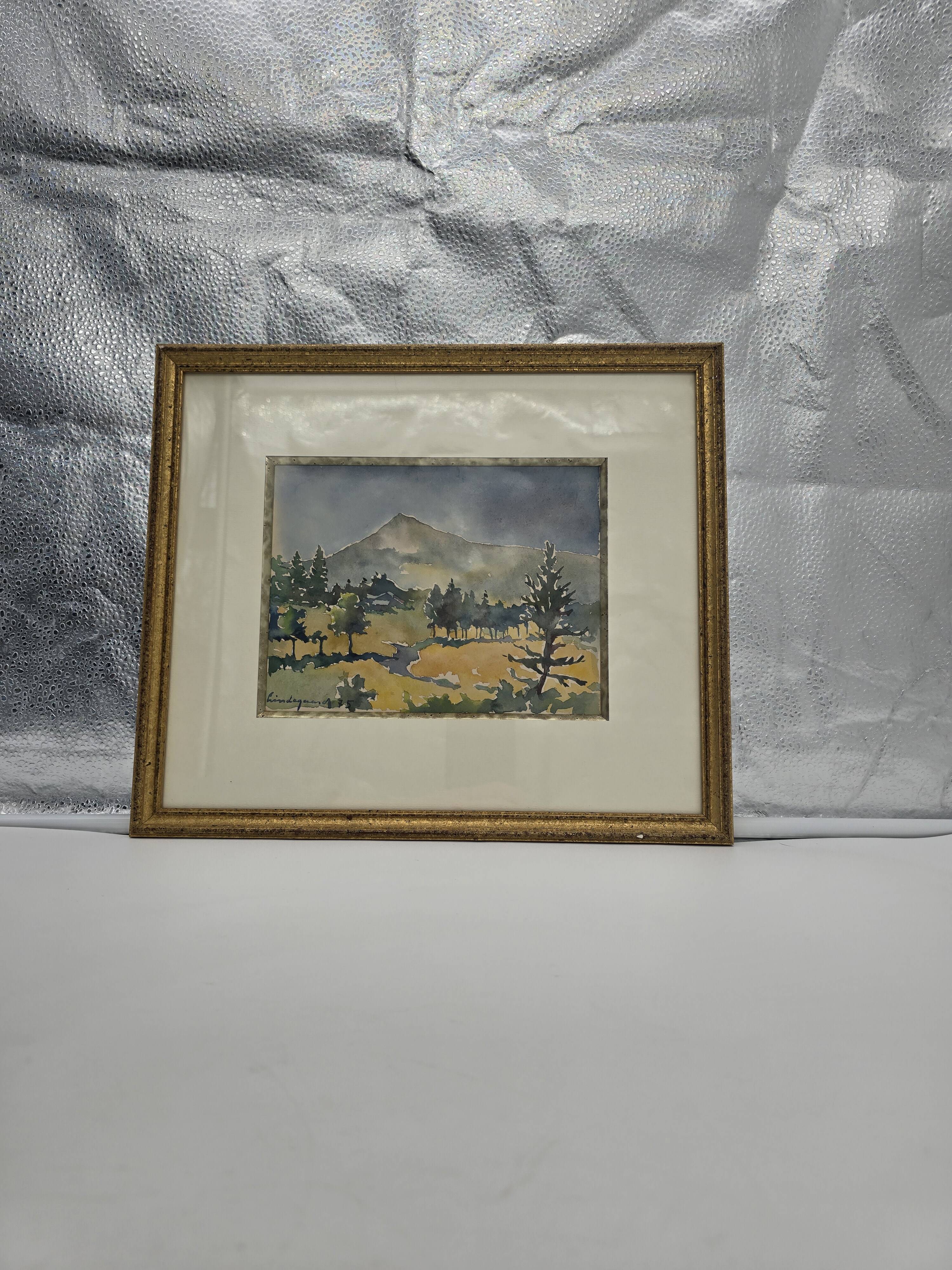 Framed watercolor by Henri Lindegaard 1975 - Forest and mountain landscape